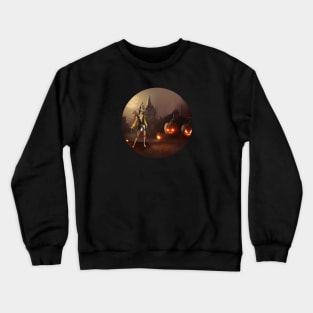 Witch and three pumpkins near the creepy house Crewneck Sweatshirt